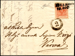 BASSANO, SI Punti 9 - 15 Cent. (6), Perfetto, Su Lettera Del 25/12/1852 Per Verona. Bollo Di Distrib... - Lombardo-Vénétie