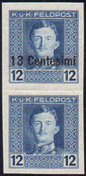 OCC. AUSTRIACA FRIULI 1918 - 13 Cent. Su 12 H., Coppia Verticale Non Dentellata Di Cui Uno Senza Sop... - Autres & Non Classés