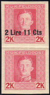 OCC. AUSTRIACA FRIULI 1918 - 2,11 Lire Su 2 K., Coppia Verticale Non Dentellata Di Cui Uno Senza Sop... - Sonstige & Ohne Zuordnung