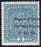 VENEZIA GIULIA 1918 - 2 K. Soprastampato, Carta Con Fili Di Seta, Soprastampa Spostata A Destra (15/... - Autres & Non Classés