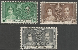 Nyasaland. 1937 KGVI Coronation. Used Complete Set. SG 127-129 - Nyassaland (1907-1953)