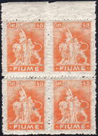 FIUME 1919 - 45 Cent. Allegorie, Carta B, Blocco Di Quattro Con Doppia Dentellatura Al Centro (B41lc... - Autres & Non Classés