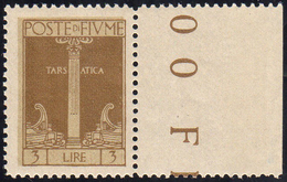 FIUME 1923 - 3 Lire Bistro Bruno, Colore Diverso (200A), Bordo Di Foglio, Gomma Integra, Perfetto. B... - Sonstige & Ohne Zuordnung