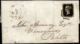 GRAN BRETAGNA 1841 - 1 P. Nero Penny Black, Tavola 11 (1), Perfetto, Su Lettera Da Oakhill 9/6/1841 ... - Autres - Europe