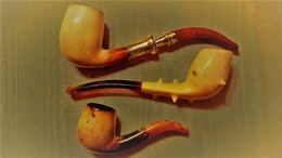 PIPES AMBRE & ECUME -LOT DE 3 / Deluxe Hand Carved  Ornate Stem Meerschaum Pipes - Pipa In Schiuma