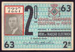 1963 Passe STCP Serviço Transportes Colectivos Do PORTO Rede Tracção Electrica. Pass Ticket TRAM Portugal 1963 - Europa