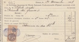 FISCAL SUR RECU ECOLE NATIONALE PROFESSIONNELLE D'EPINAL 1928 - Lettres & Documents