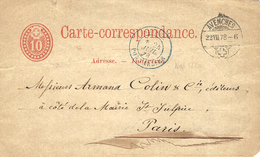 1878- C P E P 10 C D'Avenches ( Suisse ) Avec Entrée Bleue SUISSE / PONTARLIER - Entry Postmarks