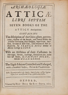 Francis ROUS - Archaeologiae Atticae Libri Septem. Seve - Sonstige & Ohne Zuordnung