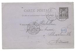 ENTIER Carte 10c Sage Repiquage Soc. Métallurgique GORCY Meurthe Et Moselle 1888 OR Bleu Pour CHARLEVILLE Ardennes.....G - Bijgewerkte Postkaarten  (voor 1995)