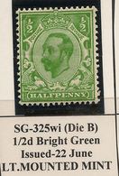 GB 1912 1/2d Bright Green Inverted Wmk KGV SG 325wi HM #AVN31 - Neufs