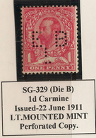 GB 1911 1d Carmine Perfin KGV SG 329 HM #AVF12 - Ungebraucht