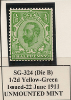 GB 1912 1/2d Yellow Green KGV SG 324 UNHM #AVN32 - Nuovi