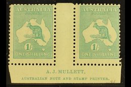 \Y 1915-27\Y 1s Blue-green 'Roo, Die IIB, SG 40b, Lower Marginal Gutter Pair With "A.J. MULLETT" Inscription, Never Hing - Other & Unclassified
