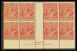 \Y 1924\Y KGV 2d Red-brown, SG 78, Lower Marginal INTERPANNEAU BLOCK OF EIGHT With Harrison Imprint, Mint (just One Stam - Other & Unclassified