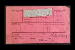 \Y CUSTOMS DECLARATION FORM\Y 1916 Pink Form, 1s 'Roo, Vertical Strip Of 3 Affixed & Tied By "CHILDERS 5 OCT 16" Postmar - Other & Unclassified