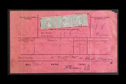 \Y CUSTOMS DECLARATION FORM\Y 1916 Pink Form, 1s 'Roo, Vertical Strip Of 3 Affixed & Tied By "CHILDERS 5 OCT 16" Postmar - Altri & Non Classificati