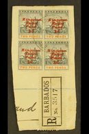 \Y 1907 KINGSTON RELIEF FUND\Y (Fifth Setting) Upright Overprint 1d On 2d (SG 153) BLOCK OF FOUR Fine Used On Piece, One - Barbades (...-1966)