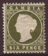\Y 1886-93\Y 6d Yellowish Olive-green, "Sloping Label" Variety, SG 32a, Fine Mint. For More Images, Please Visit Http:// - Gambia (...-1964)