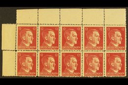 \Y WWII US SECRET SERVICES FORGERIES\Y 1945 12pf Carmine Hitler, Michel 16, Never Hinged Mint Top Left Corner BLOCK Of 1 - Other & Unclassified