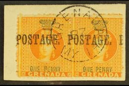 \Y 1883\Y 1d Orange Ovptd "Postage", SG 27, Horizontal Pair Superb Tied To Piece. For More Images, Please Visit Http://w - Grenada (...-1974)