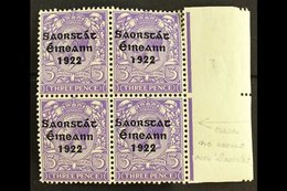 \Y 1922-23 SAORSTAT\Y 3d Bluish Violet, Right Marginal Block Of Four, Showing NO ACCENT, SG 57a, Fresh Mint, Light Creas - Autres & Non Classés