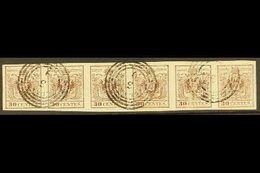 \Y LOMBARDY-VENETIA\Y 1850 30c Brown On Machine Made Paper, Sass 21 (Mi 4Y), Used HORIZONTAL STRIP OF 6! 5th Stamp With  - Unclassified