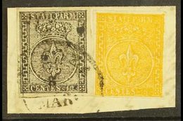 \Y PARMA\Y 1852 10c Black On White And 1853 5c Orange Yellow, Sass 2+6, Very Fine Used Together On Piece Tied By Piacenz - Ohne Zuordnung