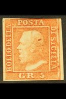 \Y SICILY\Y 1859 5gr Orange-red, Nice Ink Flaw On The Back Of King's Head, SG 4h, Unused, Two Clear Margins, Others Cut  - Non Classificati