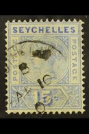 \Y 1897-1900\Y 15c Ultramarine, Repaired "S", SG 30, Fine Cds Used. For More Images, Please Visit Http://www.sandafayre. - Seychellen (...-1976)