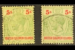 \Y 1914-23\Y 5s Green & Red On Yellow And 5s Green & Red On Orange-buff, SG 36 & 36a, Good Cds Used. (2 Stamps) For More - British Solomon Islands (...-1978)