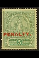 \Y CAPE OF GOOD HOPE\Y REVENUE - 1911 £5 Green & Green, Standing Hope Ovptd "PENALTY" Barefoot 11, Couple Of Vertical Cr - Unclassified