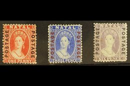 \Y NATAL\Y 1870-73 1d Bright Red, 3d Bright Blue, And 6d Mauve With "POSTAGE / POSTAGE" Vertical Overprints, SG 60/62, M - Non Classés