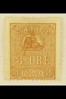 \Y 1862-66\Y 3o Brown Lion Type II With COLOURED LINE FROM LION TO LARGE "3" Variety, Facit 14Bv4, Unused No Gum, Thin,  - Sonstige & Ohne Zuordnung