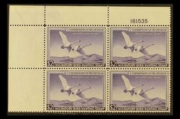 \Y REVENUE - "DUCK" STAMPS\Y 1950 $2 Violet, Scott RW17, Very Fine NEVER HINGED MINT CORNER BLOCK OF FOUR With Plate Num - Other & Unclassified