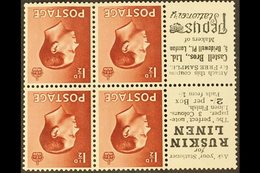 \Y BOOKLET PANES WITH ADVERTISING LABELS\Y 1½d Red Brown Booklet Panes Of 4 With 2 Advertising Labels (Ruskin Linen), SG - Unclassified