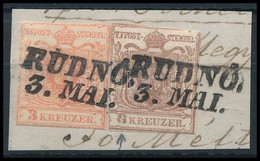 1850 3kr + 6kr HP I, A 6kr Lemezhibás, Mindkettő Liliputi Vágással 'RUDNÓ' - Autres & Non Classés