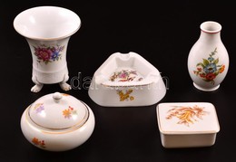 Hollóházi Porcelánok ( 5db): Váza, Bonbonier, Dobozka, Hamuzótálka, Matricásak, Jelzettek, Apró Kopásokkal, M: 7-12 Cm,  - Andere & Zonder Classificatie