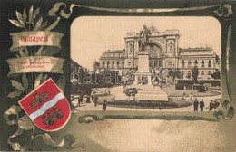 ** T1/T2 Budapest VII. Keleti Pályaudvar, Vasútállomás, Baross Szobor. Címeres Art Nouveau Litho Keret - Unclassified