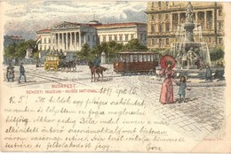 T2/T3 1897 (Vorläufer!) Budapest VIII. Ezredéves Országos Kiállítás, Nemzeti Múzeum és Kálvin Tér, Villamos, Litho Barna - Non Classés