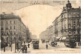 * T3/T4 1902 Budapest IX. Ferenc Körút, Villamos, üzletek, Lovaskocsik. Divald Károly 138. Sz. (fa) - Zonder Classificatie