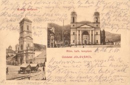 T2/T3 Jolsva, Jelsava; Evangélikus és Római Katolikus Templom, Piaci Kerekes Bódék / Churches, Wheeled Booths For Market - Ohne Zuordnung