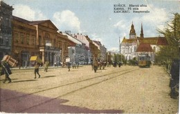 * T2/T3 Kassa, Kosice; Fő Utca, Villamos, Dobozokat Háton Cipelő Emberek / Main Street With Tram And People Carrying Big - Unclassified