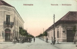 * T2/T3 1912 Fehértemplom, Ung. Weisskirchen, Bela Crkva; Vasút Utca, Nikolaus Miutza és Rudolf Schönborn üzlete / Bahnh - Unclassified