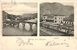 T2 1904 Konjic, Bahnhof / General View, Neretva River Bridge, Mosque, Railway Station, Wagons. B. Goldberger Bahnhofrest - Non Classificati