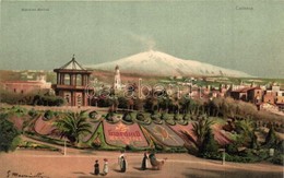 ** T1/T2 Catania, Giardino Bellini, Etna / Villa Bellini, Park, Vulcan, Litho S: Marincelli - Zonder Classificatie