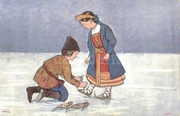 ** T2/T3 Folklore Couple Attaching Ice Skates. Winter Sport. B.K.W.I. 575-5. Hátoldalon Reklám 'Ha Száraz Az Ön Haja Man - Non Classificati