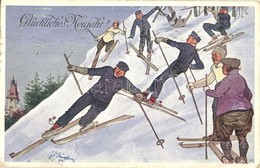 T3 Glückliches Neujahr! / People Skiing, Winter Sport, Humour. B.K.W.I. 820-3. S: Fritz Schönpflug (EB) - Ohne Zuordnung