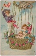 * T2 Children In An Airship. American Flag Greeting Card, Golden Emb. Litho - Unclassified