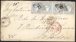 1872. MONTILLA A CÓRDOBA. 50 MILS. ULTRAMAR ED. 107 (4). INUSUAL COMBINACIÓN PARA CUBRIR LA TARIFA A INGLATERRA. - Lettres & Documents